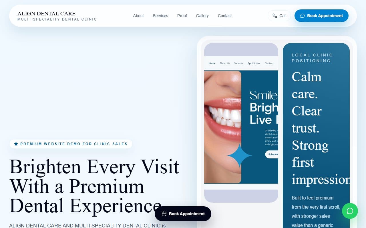 Align Dental Care demonstration site — a light editorial hero reading “Brighten Every Visit With a Premium Dental Experience”, above a badge that labels the page a premium website demo for clinic sales.