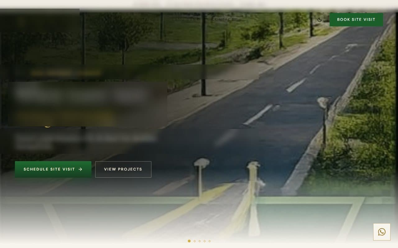 Real estate acquisition site — a hero over a plotted development road with “Schedule site visit” and “View projects” buttons; the developer’s name, contact details and headline are redacted.