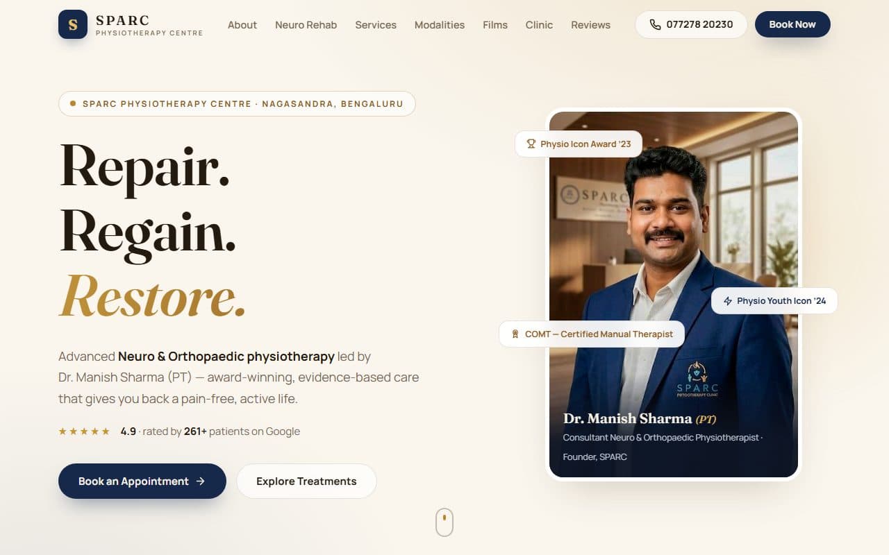 SPARC Physiotherapy Centre homepage — hero reading “Repair. Regain. Restore.”